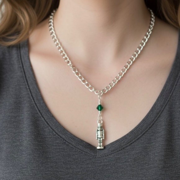 Hand Crafted Antique Silver Toy Soldier with Green Crystal Chain Necklace - Picture 1 of 8